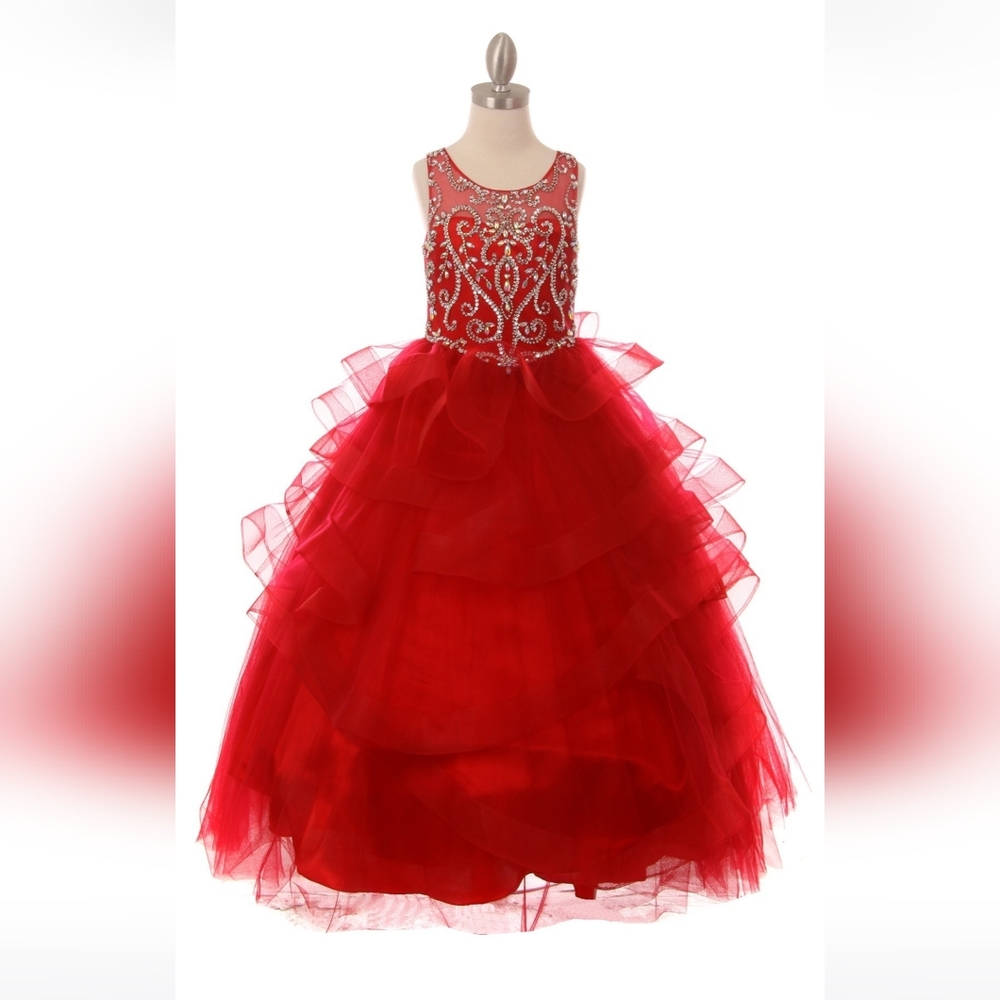 Scoop neckline with a jewel beaded, rhinestone and sequin bodice Gown